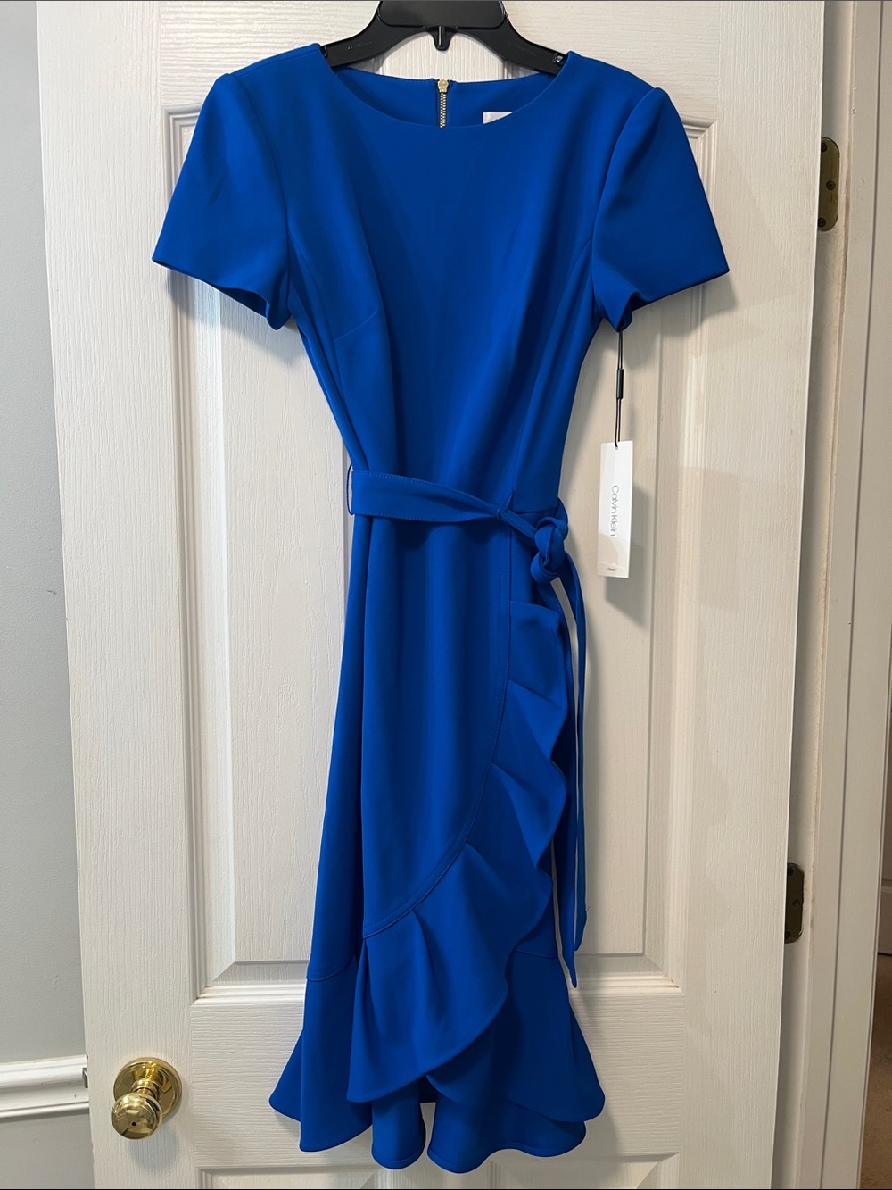 Calvin Klein Royal Blue Short-Sleeve Wrap Midi Dress